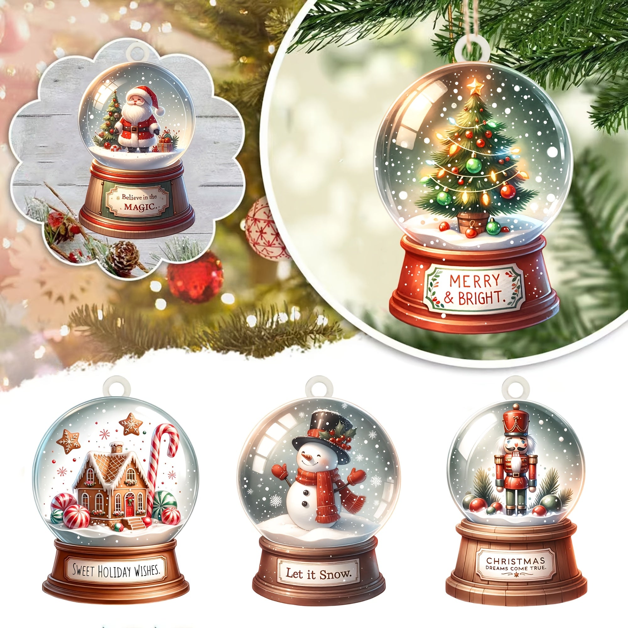 Set van 15 Houten Sneeuwbol Ornamenten - Kerstboom- en Huisdecoratie, Uniek Vakantiecadeau