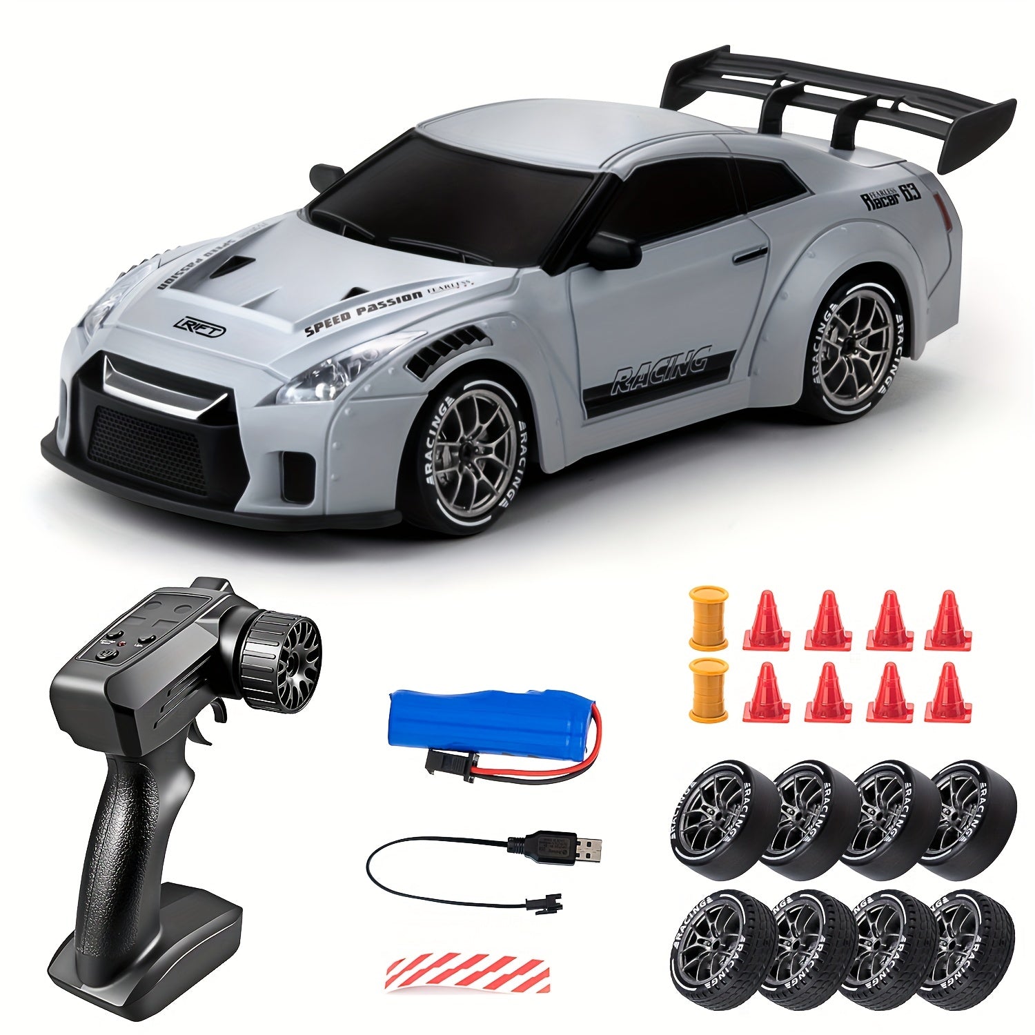 [1 stuk 2.4GHz 4WD RC Drift Auto] - 1:24 RC Drift Auto met Knipperende Lichten, 4WD Hoge-Snelheid Raceauto, Dual Tire Set voor Snelheid & Drift, Inclusief 500mAh Oplaadbare Batterij, USB Oplader, Kegels & Gereedschap