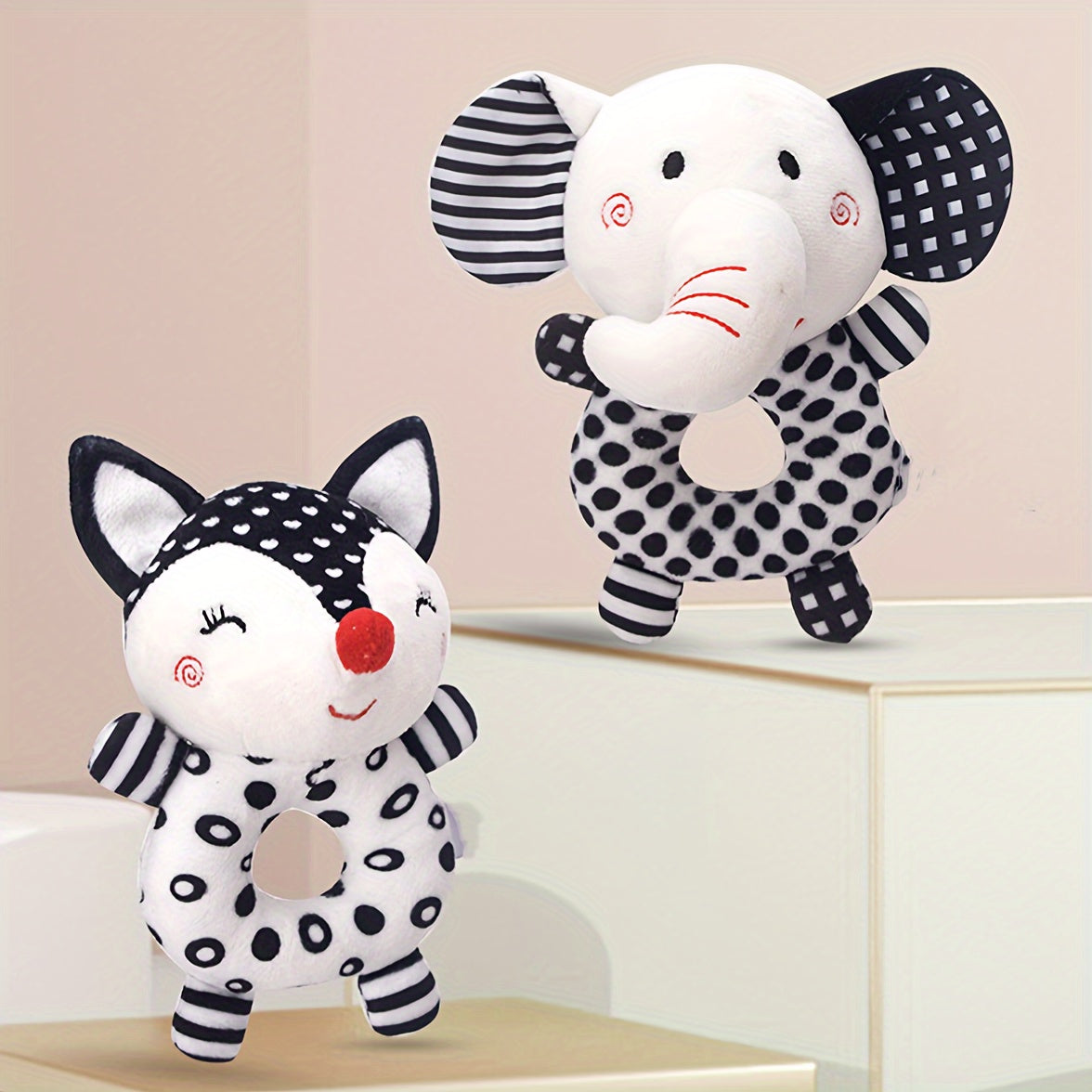 Zwart-witte Polyester Fiber Rammelaar Speelgoed | Educatief Baby Cadeau voor Vroeg Onderwijs