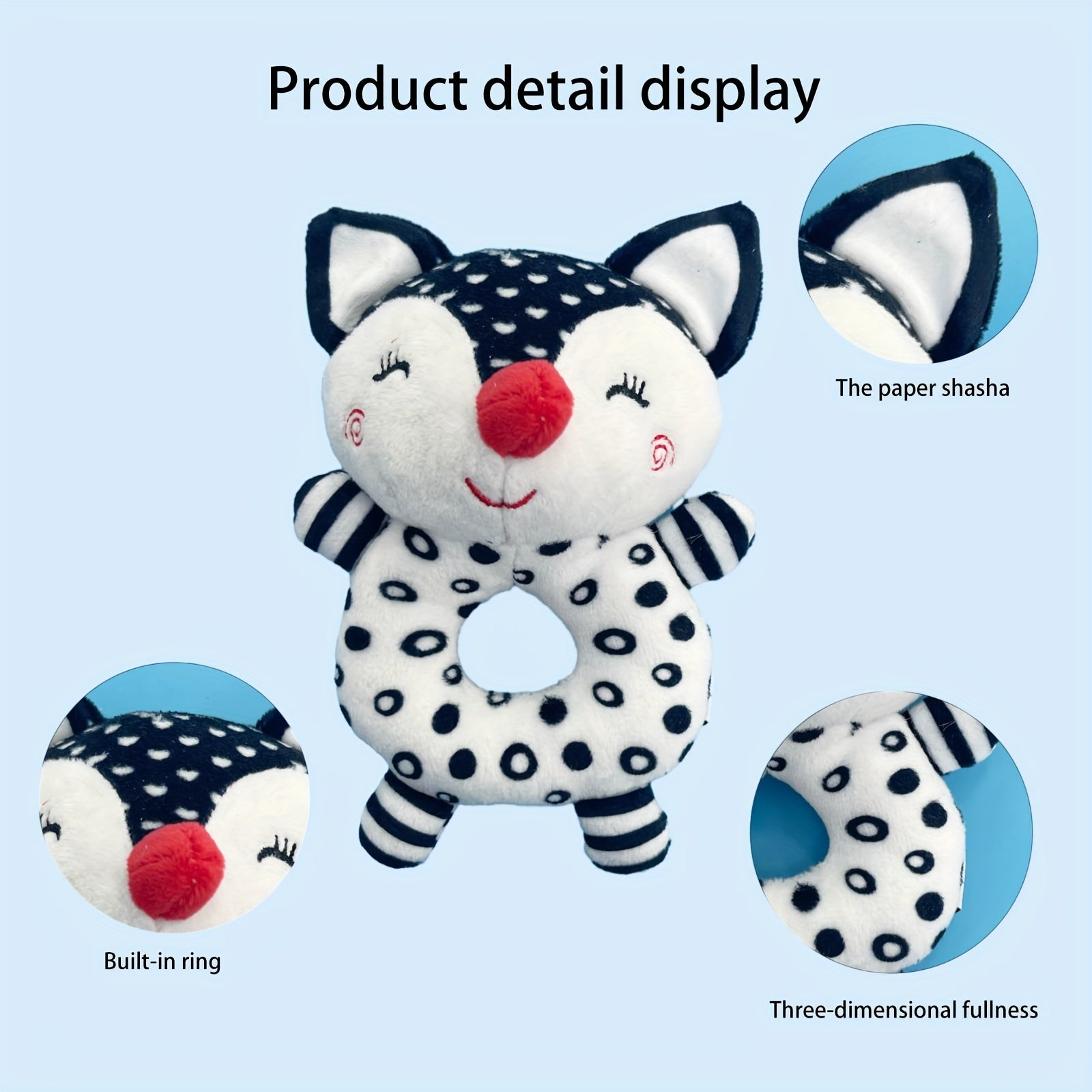Zwart-witte Polyester Fiber Rammelaar Speelgoed | Educatief Baby Cadeau voor Vroeg Onderwijs
