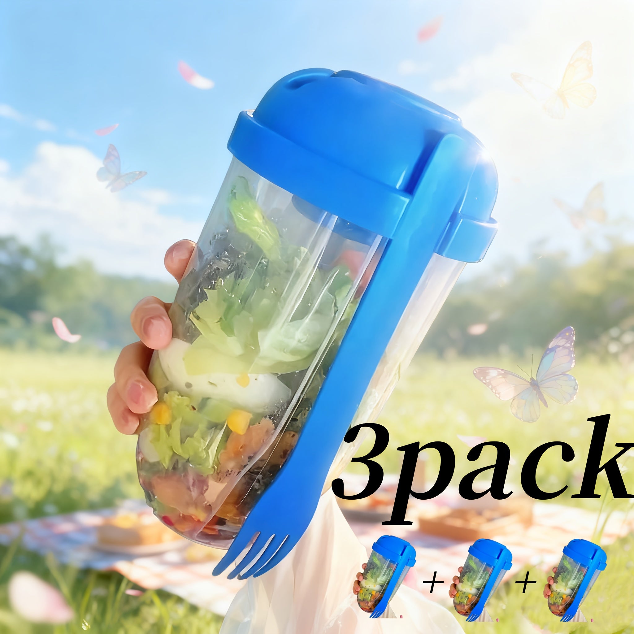 3 Stuks Saladebeker To Go Met Vork en Dressingbakje - 1000ml Gezonde Lunch Shaker Voor Onderweg