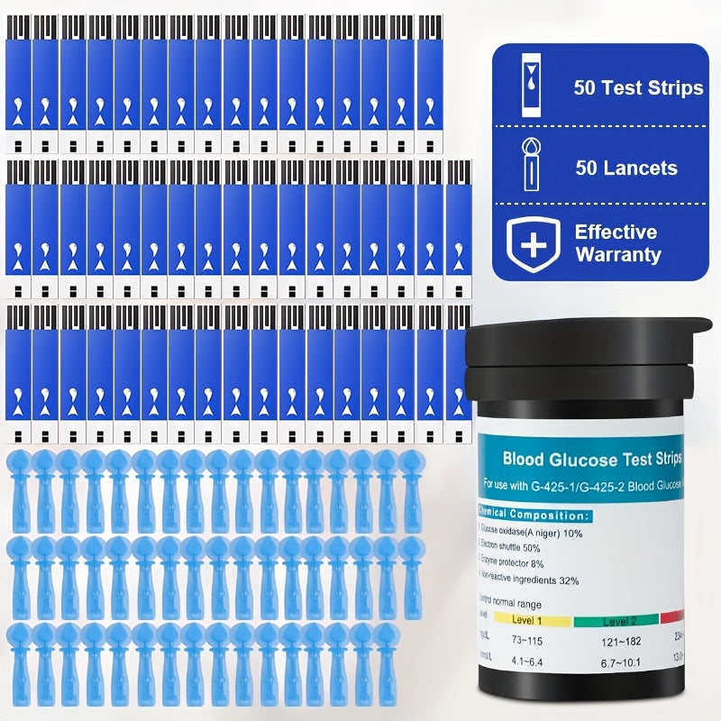 Complete Bloedsuikermeter Startpakket voor Thuisgebruik - Nauwkeurige Bloedglucosemeter Kit met 50 Teststrips en 50 Lancetten - Diabetes Testset zonder Coderen