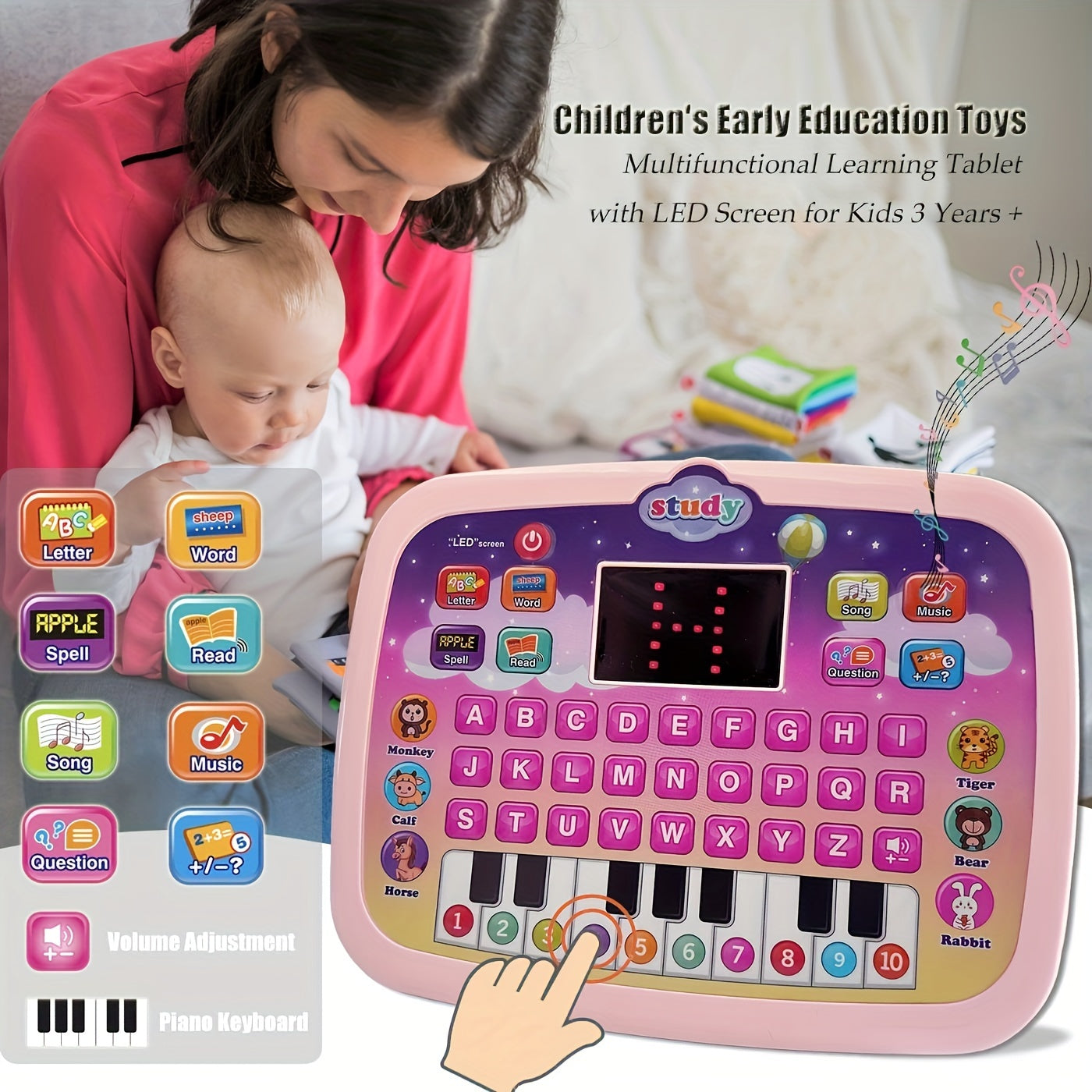 Montessori Tablet Leerpad met LED Scherm | Educatieve Tablet om Alfabet, Nummers, Woorden, Muziek en Rekenen te Leren, Interactief Elektronisch Speelgoed voor Jongens & Meisjes