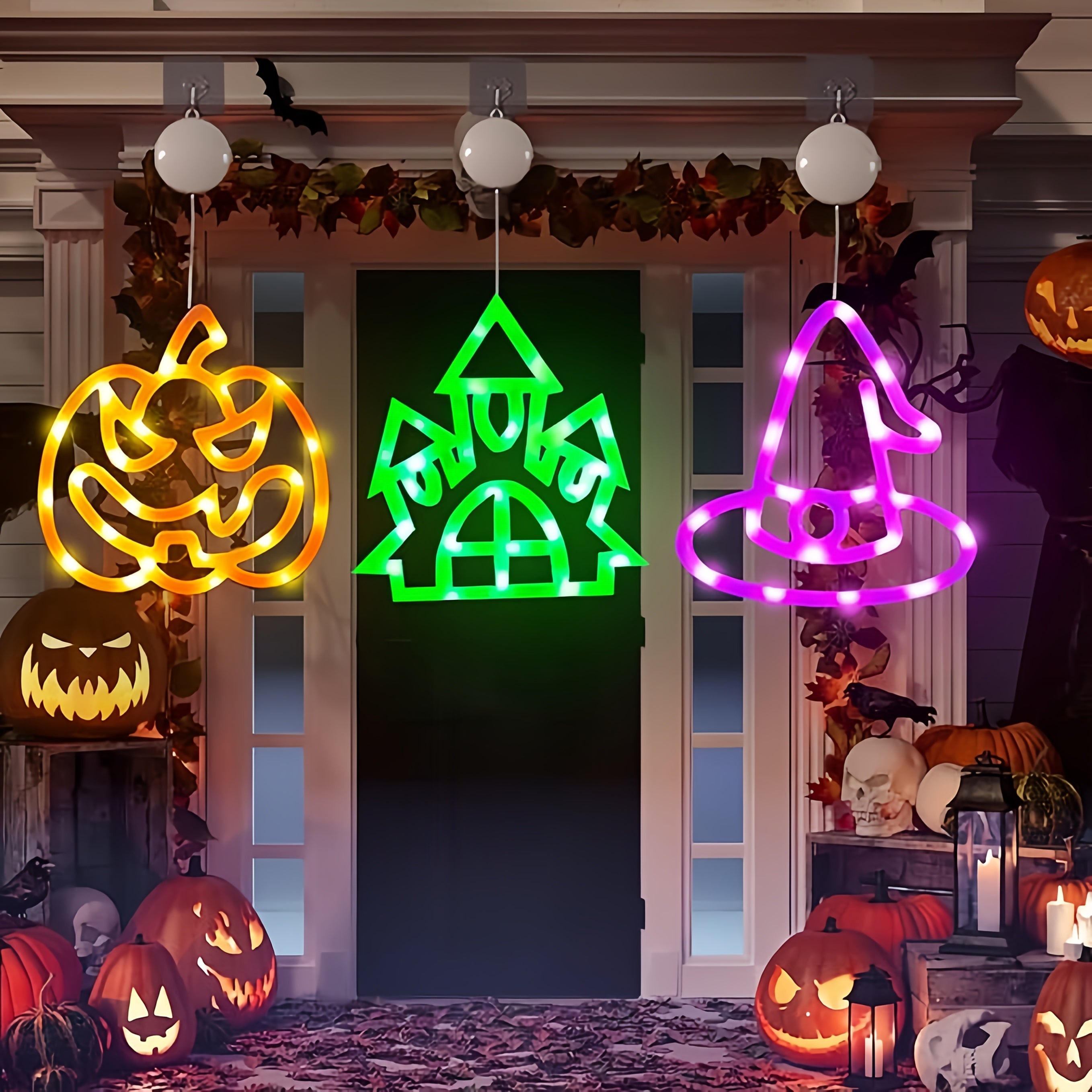 3 stuks Halloween LED lichtsnoer | Pompoen, huis & hoed decoratie, batterijen aangedreven
