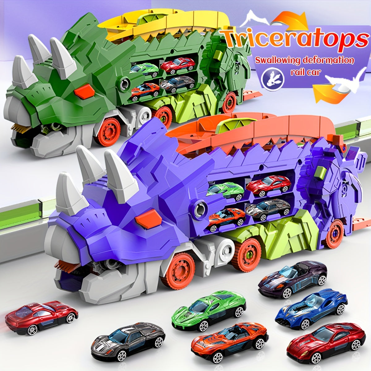 Triceratops Transport Truck 3-in-1 Speelset | Transformeerbaar Spoorweg-Lanceervoertuig | Inclusief Meerdere Metaalauto’s | Voor 3+ Jaar | Paars & Groen