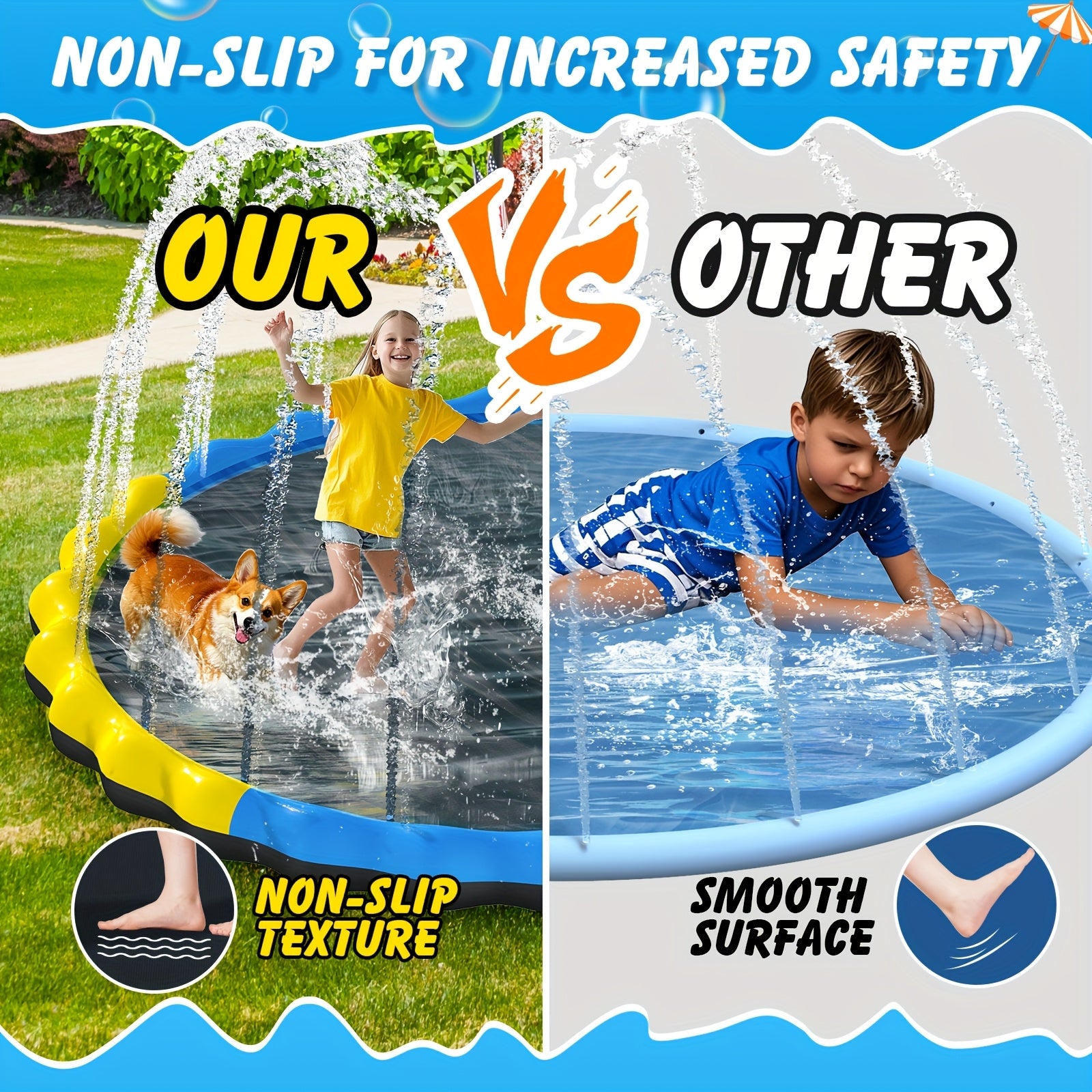 Antislip Waterspeelmat 170 cm voor Kinderen & Honden – Buitenspeelgoed met Fontein