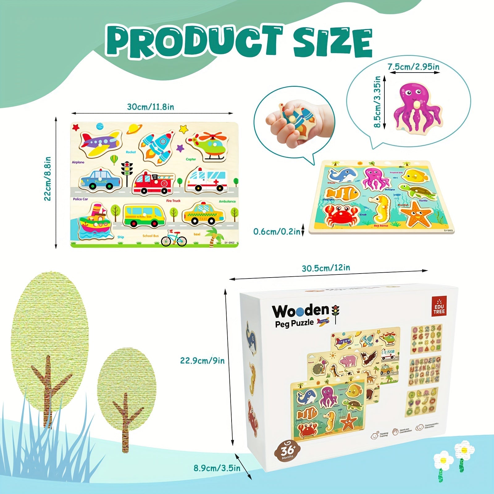 6 Houten Peg Puzzels | Dieren, Alfabet en Nummers Educatief Speelgoed