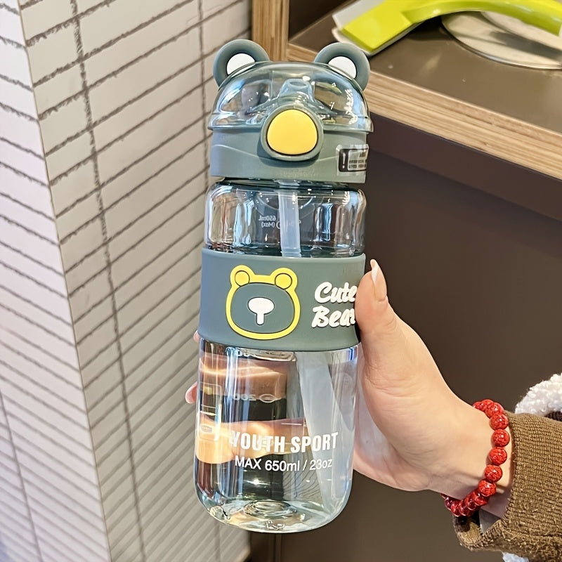 650ml beren drinkfles | Cartoon waterfles met rietje & handvat