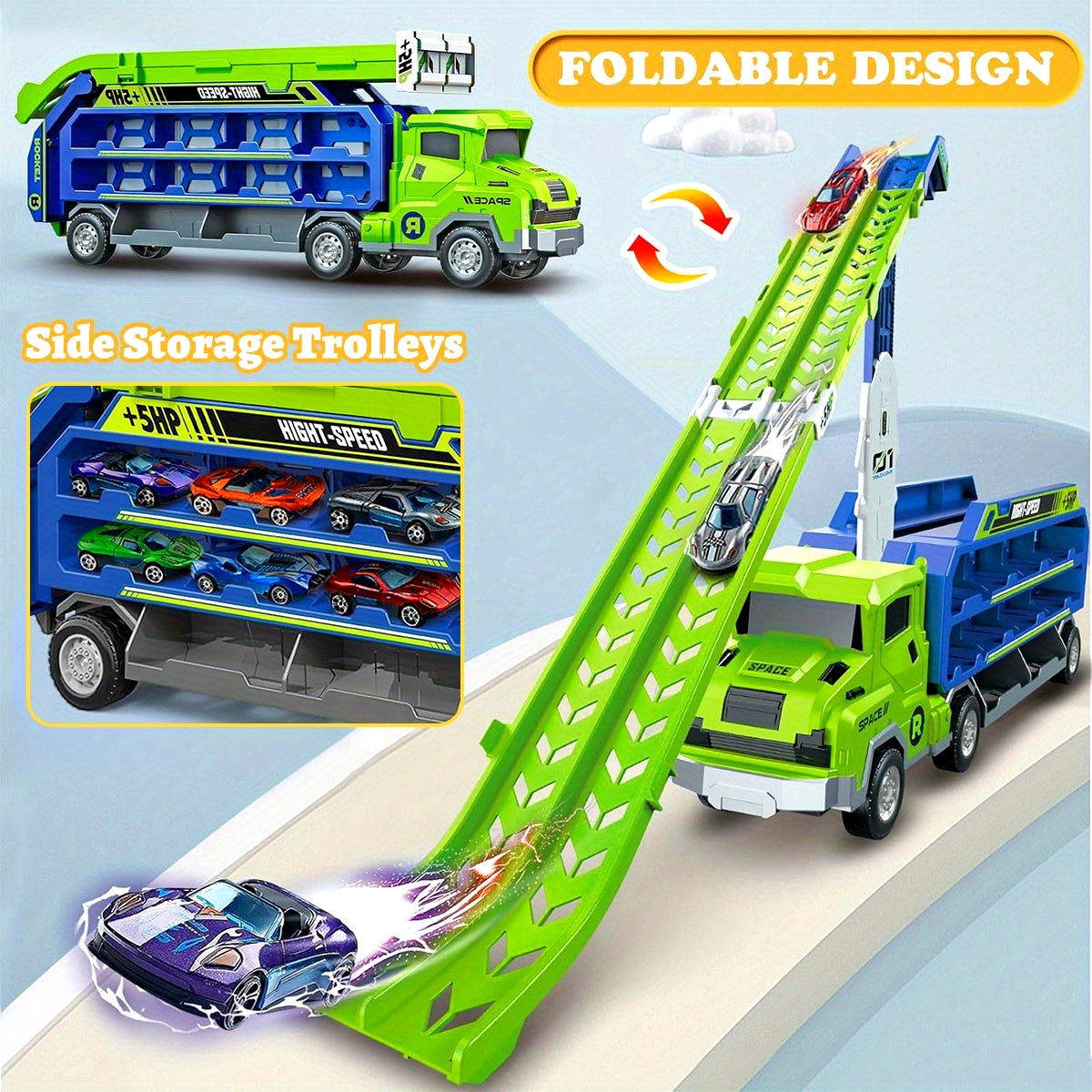 Dino Transport Truck & Racebaan Speelgoed | Wrijvingsvoertuig met Uitklapbare Racebaan | Inclusief Auto's | Cadeau voor 3-6 Jaar