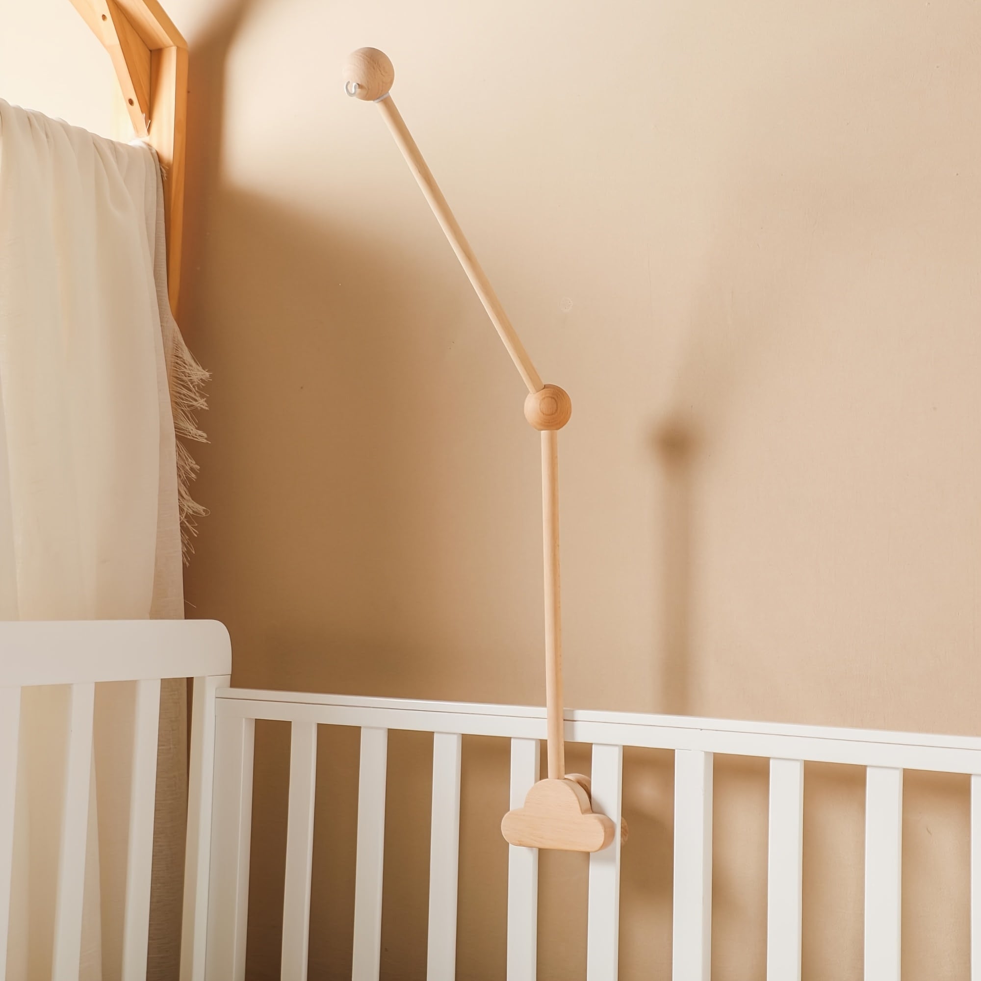 Verstelbare Houten Wolken Babybed Mobiele Arm Houder | Licht Geel, Verwijderbaar Babybed Accessoire zonder Batterij