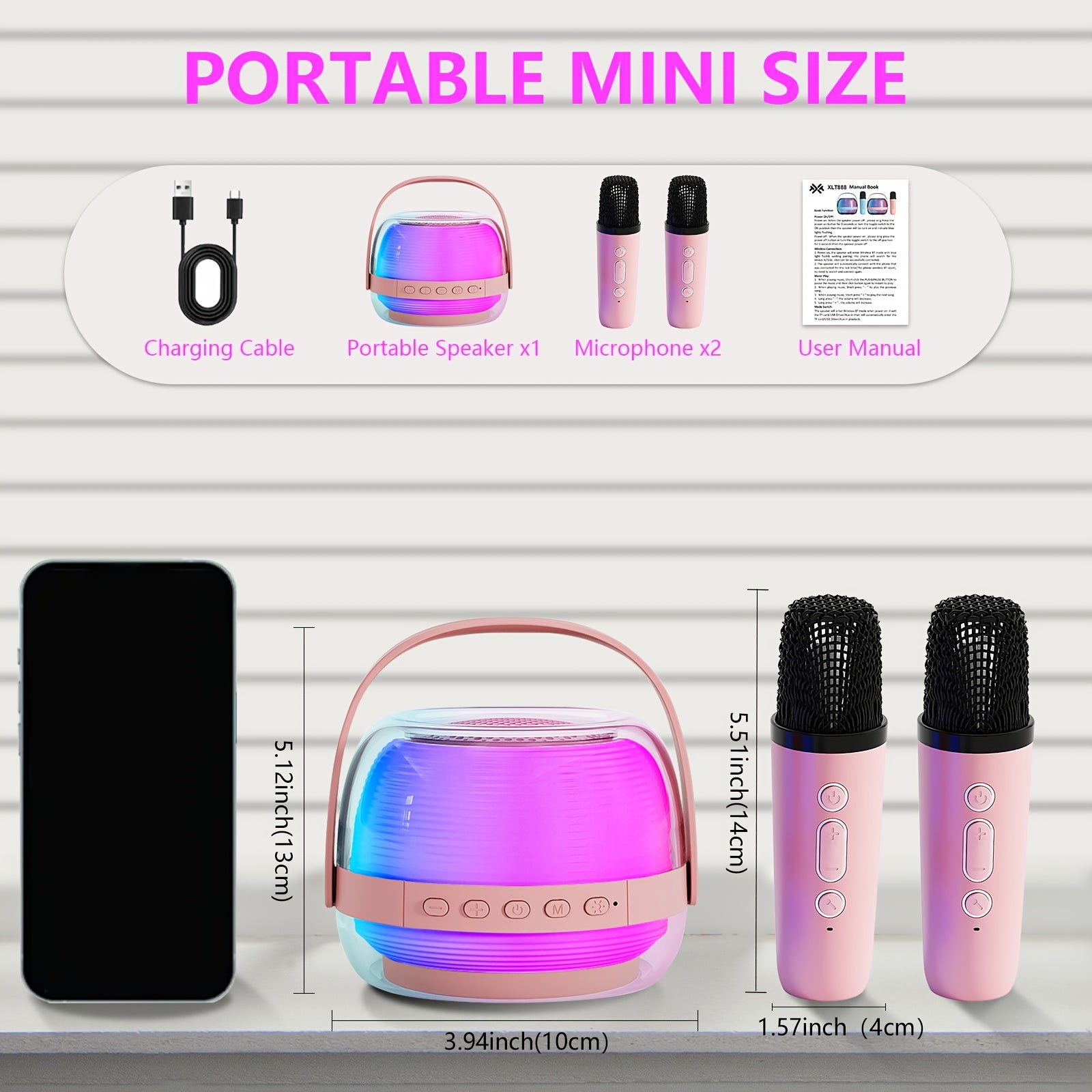 Draagbare Mini Karaoke Set met 2 Microfoons voor Kinderen en Volwassenen - Bluetooth Speaker met Sfeerverlichting - Cadeau voor Jongens en Meisjes