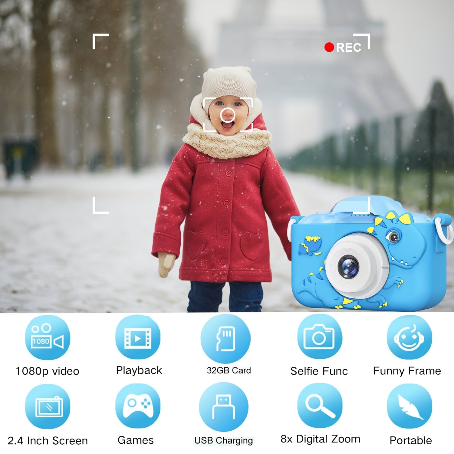 Digitale Kindercamera HD | Voor- & Achterlens, USB Oplaadbaar – Dino Design 3-12 Jaar