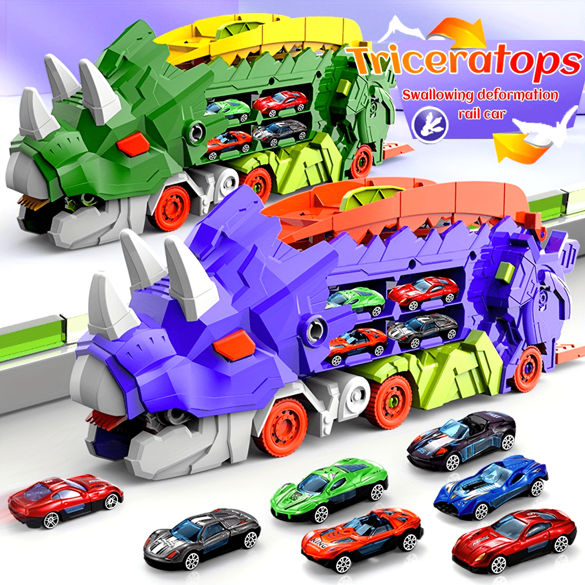 Triceratops Transport Truck 3-in-1 Speelset | Transformeerbaar Spoorweg-Lanceervoertuig | Inclusief Meerdere Metaalauto’s | Voor 3+ Jaar | Paars & Groen