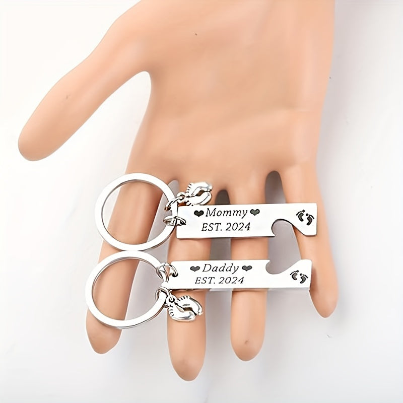 1 Paar Herdenkings Sleutelhangers van Roestvrij Staal Gegraveerd, Ideaal Geschenk voor Nieuwe Vader en Moeder