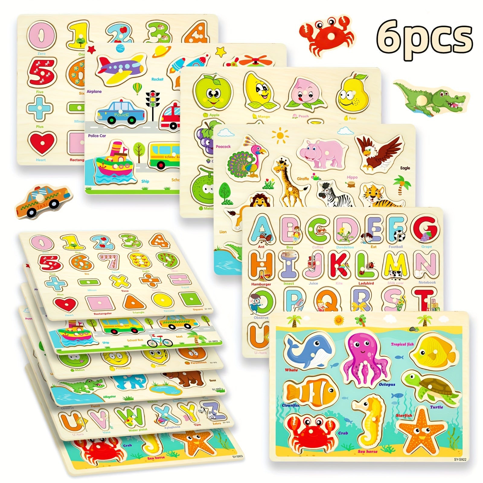 6 Houten Peg Puzzels | Dieren, Alfabet en Nummers Educatief Speelgoed