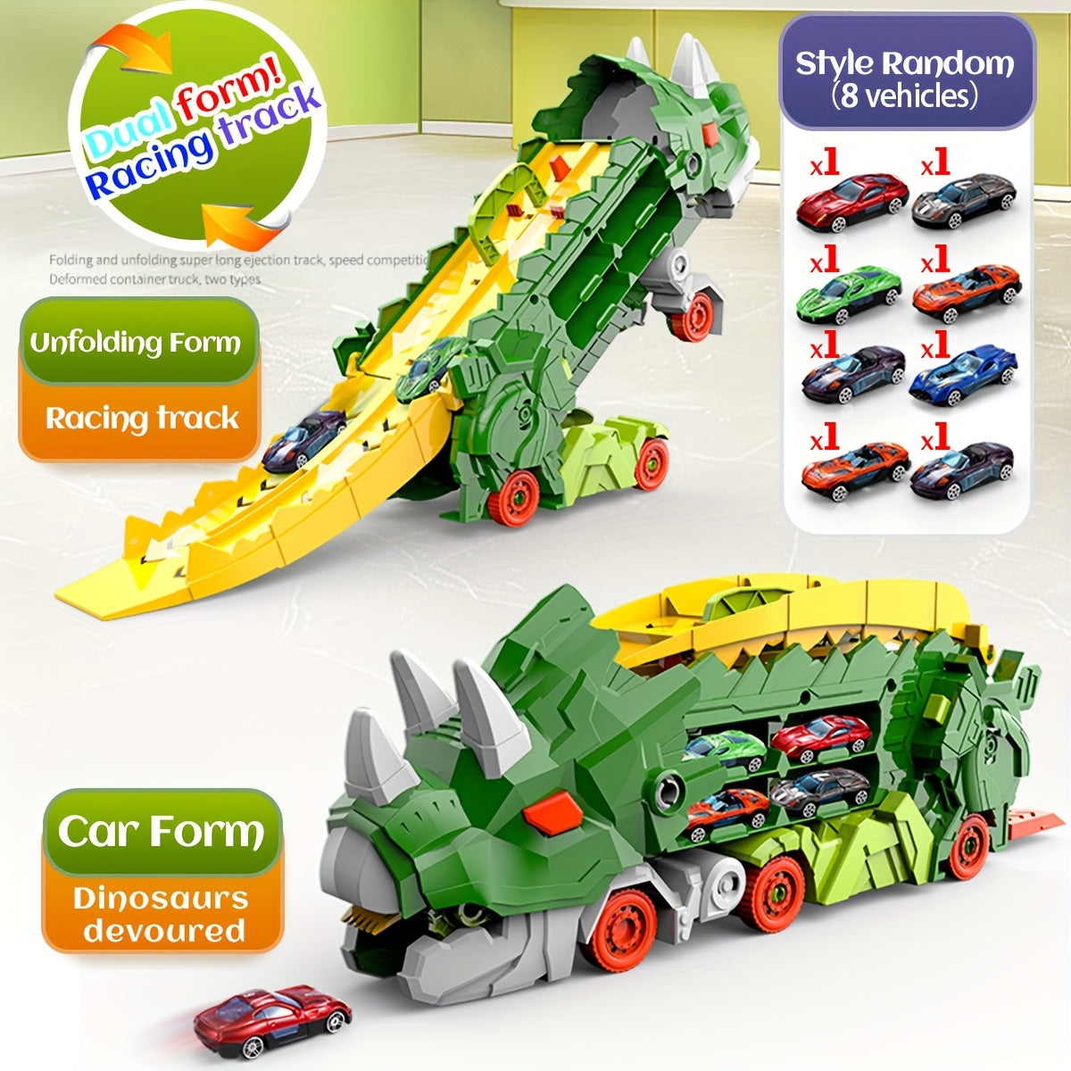 Triceratops Transport Truck 3-in-1 Speelset | Transformeerbaar Spoorweg-Lanceervoertuig | Inclusief Meerdere Metaalauto’s | Voor 3+ Jaar | Paars & Groen