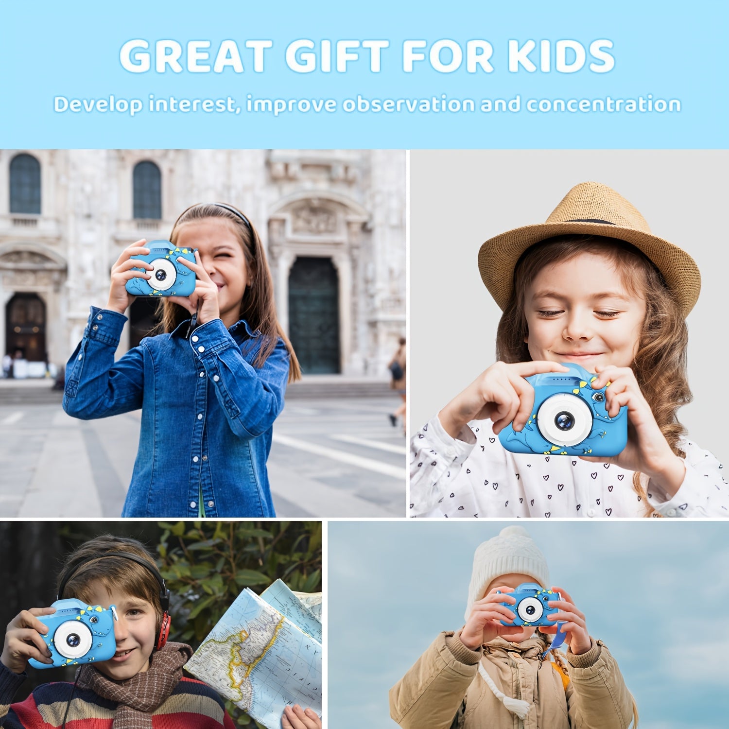 Digitale Kindercamera HD | Voor- & Achterlens, USB Oplaadbaar – Dino Design 3-12 Jaar