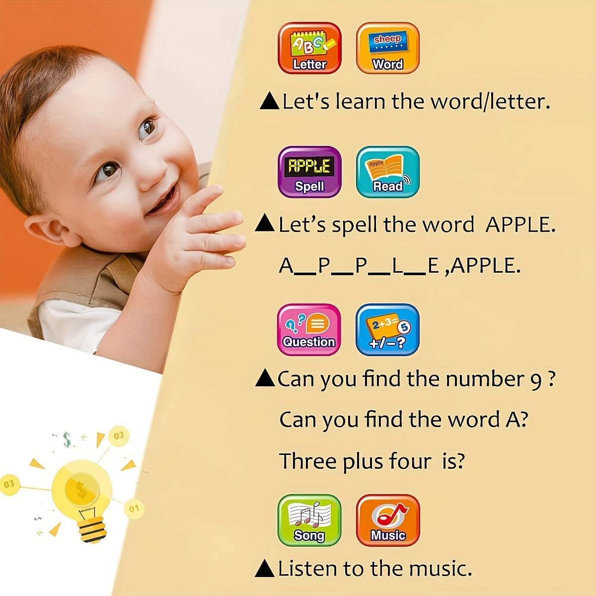 Montessori Tablet Leerpad met LED Scherm | Educatieve Tablet om Alfabet, Nummers, Woorden, Muziek en Rekenen te Leren, Interactief Elektronisch Speelgoed voor Jongens & Meisjes