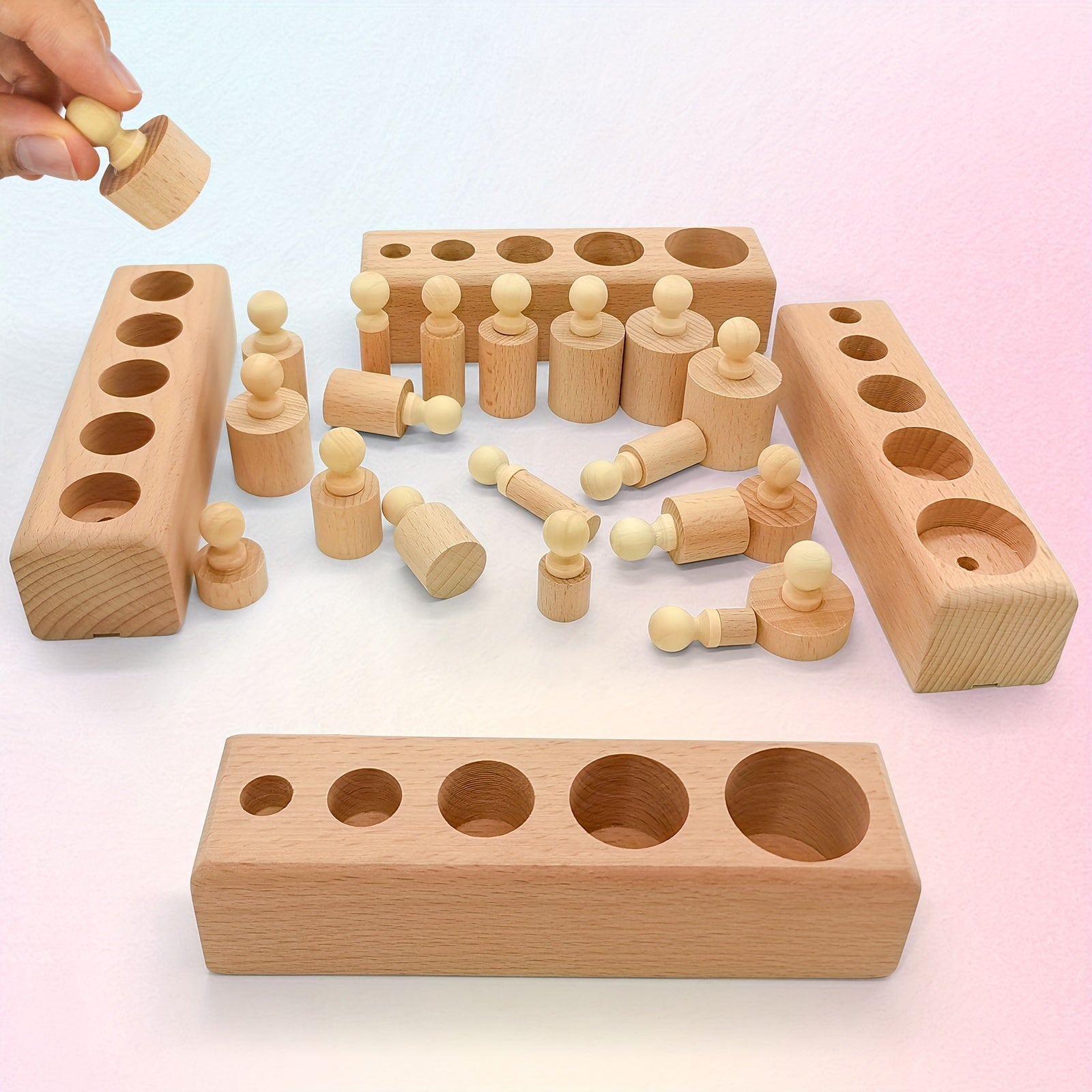 4-delige Houten Cilinderblokken Set met Knoppen | Sensorisch Educatief Speelgoed | Geschikt voor Peuters vanaf 3 Jaar