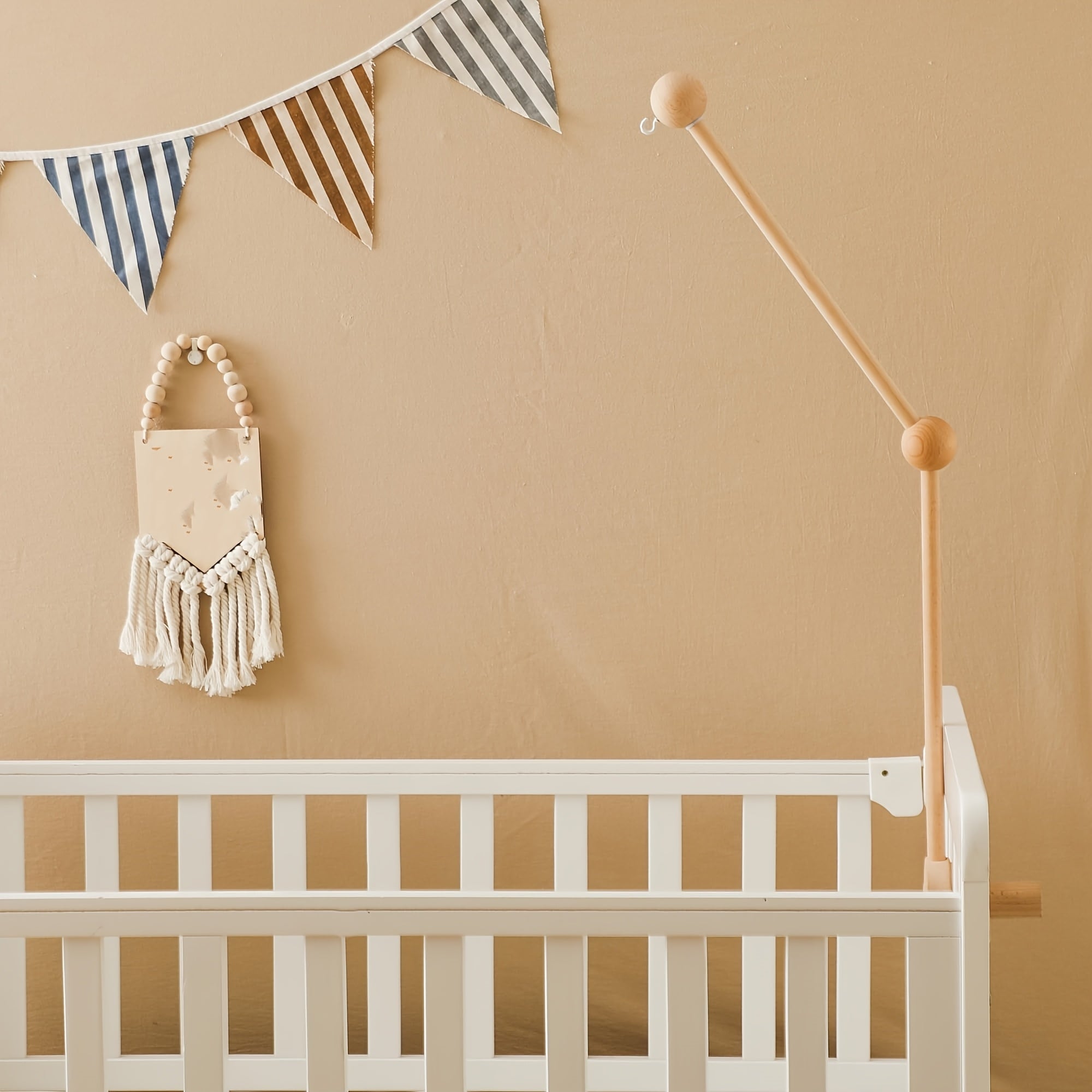 Verstelbare Houten Wolken Babybed Mobiele Arm Houder | Licht Geel, Verwijderbaar Babybed Accessoire zonder Batterij