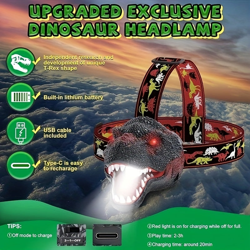 Brullende Dinosaurus LED Hoofdlamp – Oplaadbaar & Verstelbaar met Realistisch Design