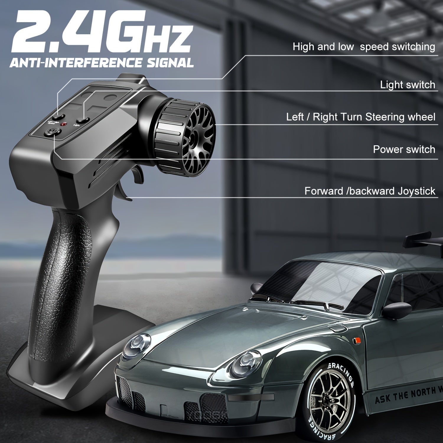 [1 stuk 2.4GHz 4WD RC Drift Auto] - 1:24 RC Drift Auto met Knipperende Lichten, 4WD Hoge-Snelheid Raceauto, Dual Tire Set voor Snelheid & Drift, Inclusief 500mAh Oplaadbare Batterij, USB Oplader, Kegels & Gereedschap