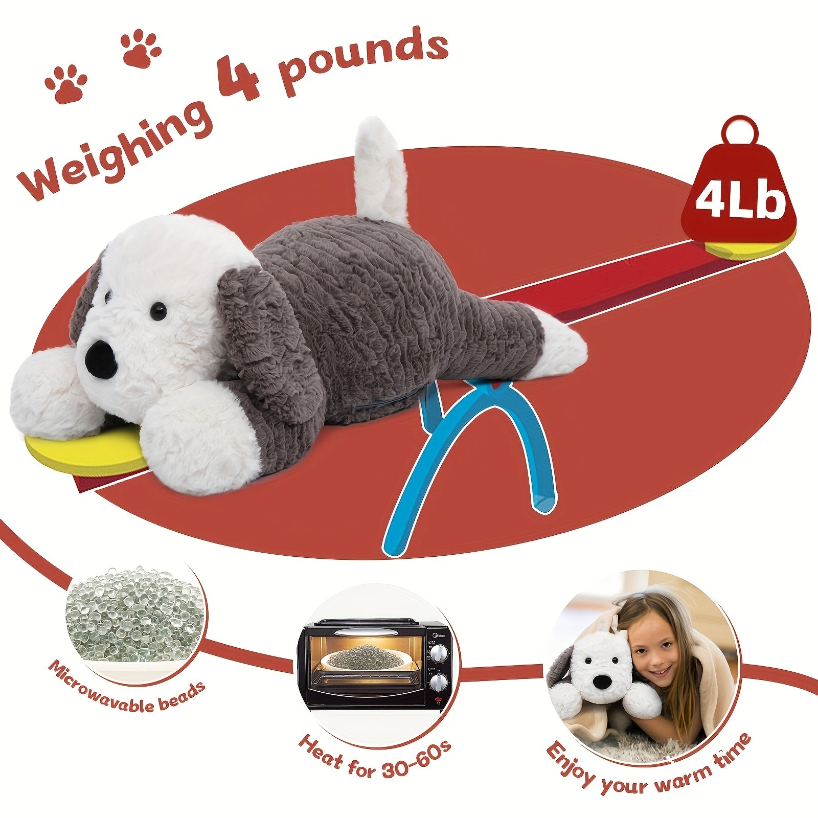 Verzwaard Knuffelhondje – 1,8 kg Warmteknuffel met Magnetronparels | Verwarmbare Comfort Hondenspeelgoed voor Kinderen & Volwassenen, Zonder Geur, Zachte 3D-Ogen