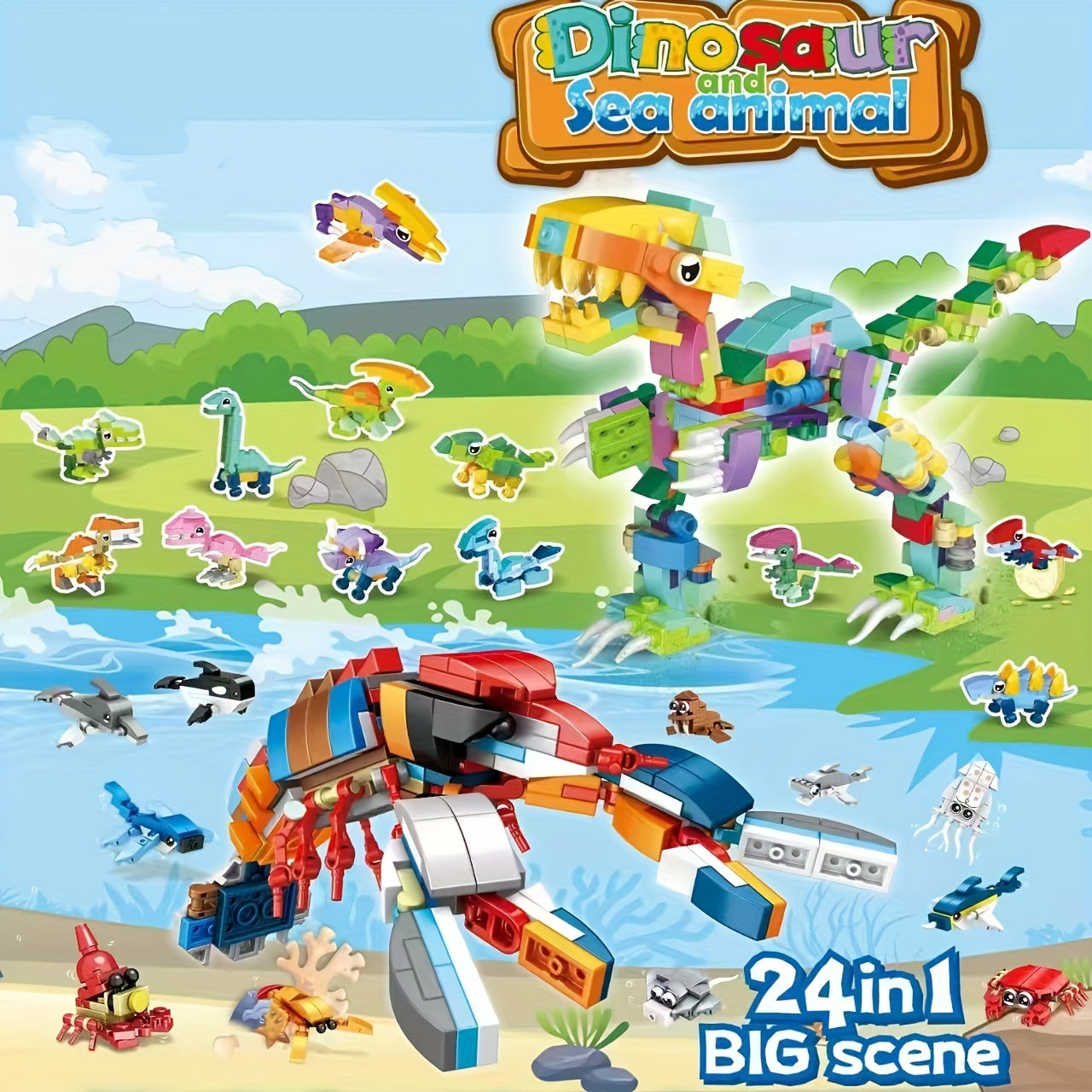 24-delige Dinosaurus en Zeedieren Bouwblokken Set voor Kinderen - Educatief Speelgoed voor Jongens en Meisjes vanaf 6 Jaar - Bouw je Eigen Dierenwereld Cadeau