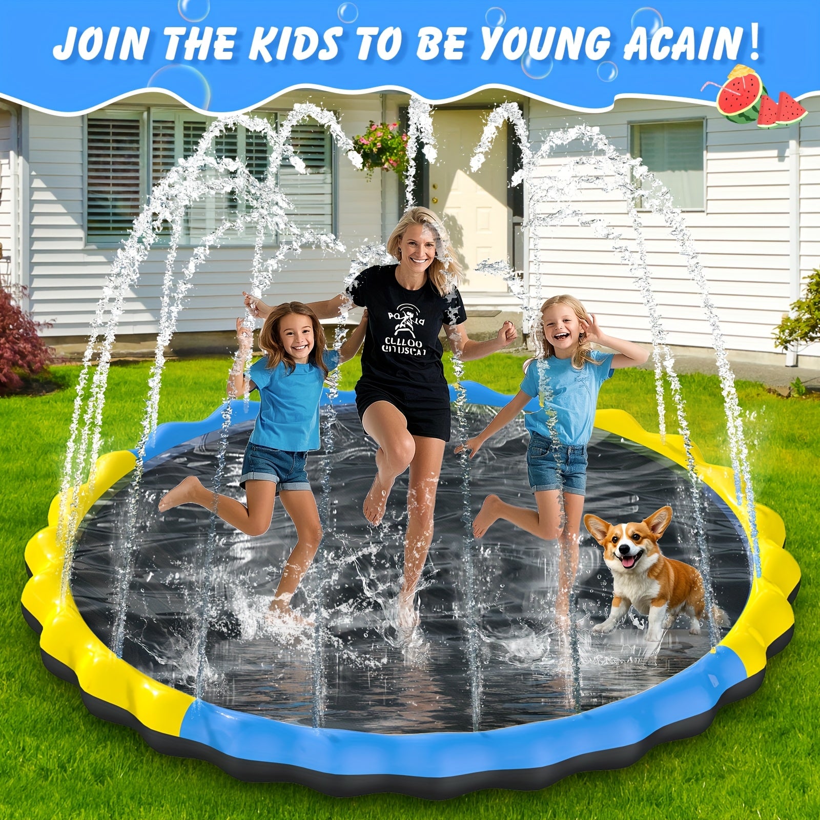 Antislip Waterspeelmat 170 cm voor Kinderen & Honden – Buitenspeelgoed met Fontein