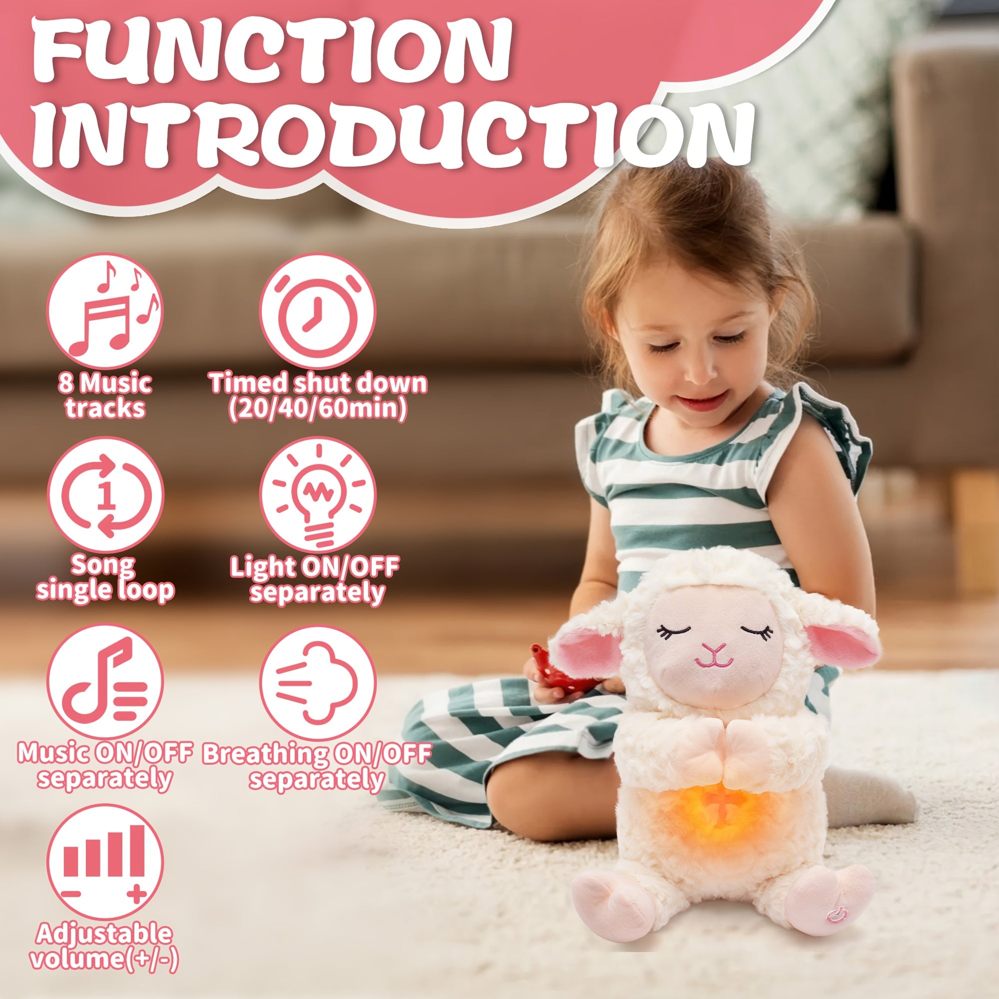 Muzikale Ademende Knuffellam – Met 8 Rustige Pianomelodieën, Witte Ruis, Nachtlampje & Volume-instelling | Babycadeau